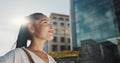 Asian businesswoman, city and smile by office buildings in morning, view and travel to workplace in accounting career Royalty Free Stock Photo