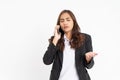 asian businesswoman confused with a distressed gesture while making a phone call