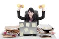 Asian businesswoman with dumbbells on studio