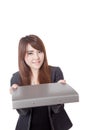 Asian Businesswoman give a folder with both hands and smile