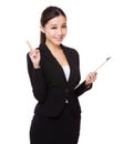 Asian businesswoman hold with clipboard and finger point up Royalty Free Stock Photo