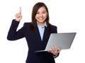 Asian Businesswoman hold with notebook computer and finger point Royalty Free Stock Photo