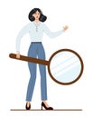 Asian businesswoman holding a magnifying glass. Character wearing Royalty Free Stock Photo