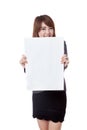 Asian businesswoman show a vertical blank sign and smile Royalty Free Stock Photo