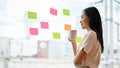 An Asian businesswoman sipping coffee and looking at the sticky notes on a glass wall Royalty Free Stock Photo