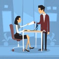 Asian Businesswoman Sitting Desk Businessman Give Paper Business Office