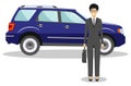 Asian businesswoman standing near the blue car on white background