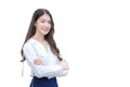 Asian businesswoman wearing white shirt and standing with her arms crossed smile while isolated on white background Royalty Free Stock Photo