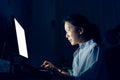 Asian businesswoman working on computer late at night in their office. Royalty Free Stock Photo