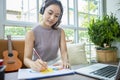 Asian businesswomen are using notebook computers and wear headphones for online meetings and working from home