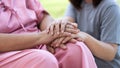 Asian careful caregiver or nurse taking care of the patient in a wheelchair. Concept of a happy retirement with care from a Royalty Free Stock Photo