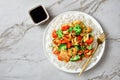 Asian cashew chicken on a white marble background Royalty Free Stock Photo