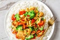 Asian cashew chicken on a white marble background Royalty Free Stock Photo