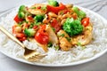 Asian cashew chicken on a white marble background Royalty Free Stock Photo