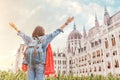 Asian casual woman student enjoying great view of the Parliament building in Budapest city, travel in Europe concept Royalty Free Stock Photo