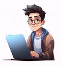 Asian or caucasian man with glasses working with computer laptop at a desk. Software developer, programmer or system