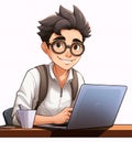 Asian or caucasian man with glasses working with computer laptop at a desk. Software developer, programmer or system