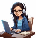 Asian or caucasian woman in glasses and headphones working with computer laptop at a desk. Software developer Royalty Free Stock Photo