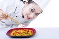 Asian chef cook noodle - isolated Royalty Free Stock Photo