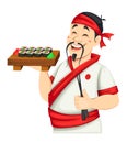 Asian chef preparing sushi. Handsome Japanese cook Royalty Free Stock Photo