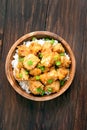 Asian chicken meat with orange sause and green onion, top view Royalty Free Stock Photo