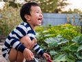 Asian child boy laughing with happy funny face while playing outdoor. Royalty Free Stock Photo