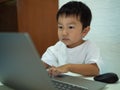 Asian child boy using notebook or computer for learning. Royalty Free Stock Photo
