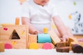 Asian child building playing toy blocks wood Royalty Free Stock Photo