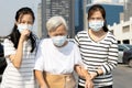 Asian child girl and family suffer from allergic rhinitis,cough,sneeze wearing protection mask in city,sick woman with medical Royalty Free Stock Photo