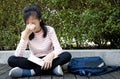 Asian child girl hold book in her hand,rubbing her eye,schoolgirl feel eyes fatigue,stressed student suffer eyestrain,massaging