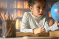 Asian child girl industrious is sitting at a desk indoors. Kid is learning in home Royalty Free Stock Photo