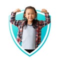 Asian child girl raises arms shows muscles In immunity shield protected