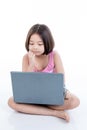 Asian child girl using laptop and thinking Royalty Free Stock Photo
