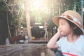 Asian child girl wearing hat Pose hands chin Royalty Free Stock Photo