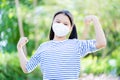 Asian child healthy or kid girl strong wearing mask to prevent dust, PM2.5, smog, air pollution and COVID-19. Health care concept Royalty Free Stock Photo