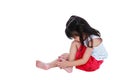 Asian child injured at toenail. Isolated on white background.