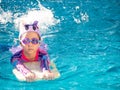Asian child or kid girl wearing swimming suit to learning on swimming pool , learn and training swim on kick board Royalty Free Stock Photo