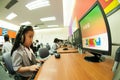 Asian elementary child learning to use computer in classroom.