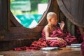 Asian child monk learning from his school book