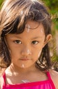 Asian Child Using Sunblock Lotion on Her Face Before Swimming