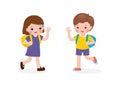 Asian children with the backpack saying goodbye to schoolmates Cartoon characters Boy and Girl school kids going to school isolate