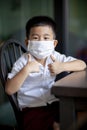 Asian children face wearing protection mask sitting in home living room