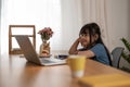 Asian Children girl using laptop computer for online study homeschooling. homeschooling, online study, home quarantine Royalty Free Stock Photo