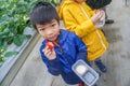 Asian children harvesting and eating fresh strawberry from greenhouse organic strawberry farming Royalty Free Stock Photo