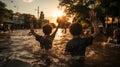 Asian children playing in the water during the flood of the river at sunset