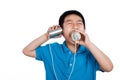 Asian Chinese Boy Playing with Tin Can Phone Royalty Free Stock Photo