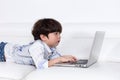 Asian Chinese little boy playing laptop on the couch Royalty Free Stock Photo