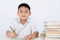 Asian Chinese Little Boy Wearing Student Uniform Writting Homework Royalty Free Stock Photo