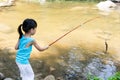 Asian Chinese little girl angling with fishing rod Royalty Free Stock Photo