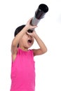 Asian Chinese little girl looking through a telescope Royalty Free Stock Photo